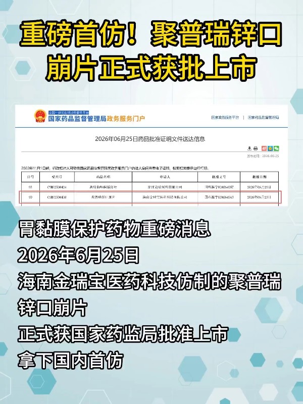 重磅首仿！聚普瑞锌口崩片正式获批上市
