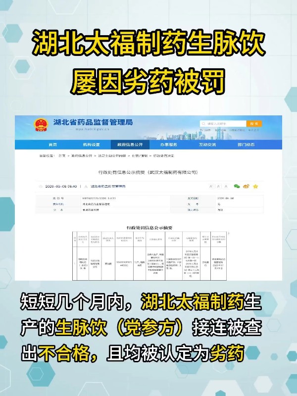 湖北太福制药生脉饮屡因劣药被罚