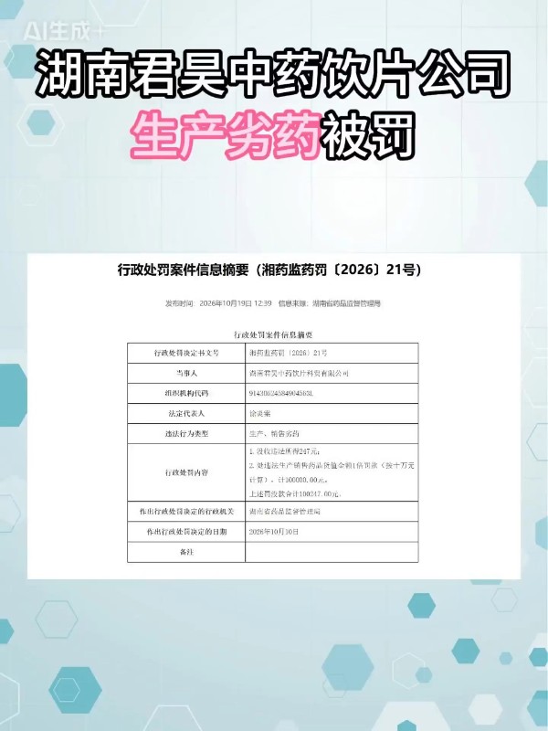 湖南君昊中药饮片公司生产劣药被罚
