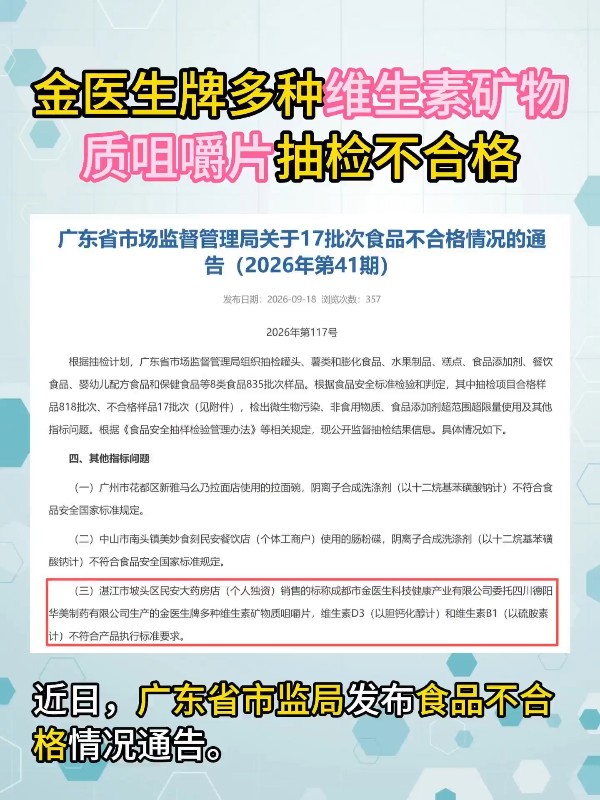 金医生牌多种维生素矿物质咀嚼片抽检不合格