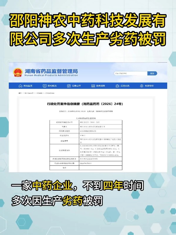邵阳神农中药科技发展有限公司多次生产劣药被罚